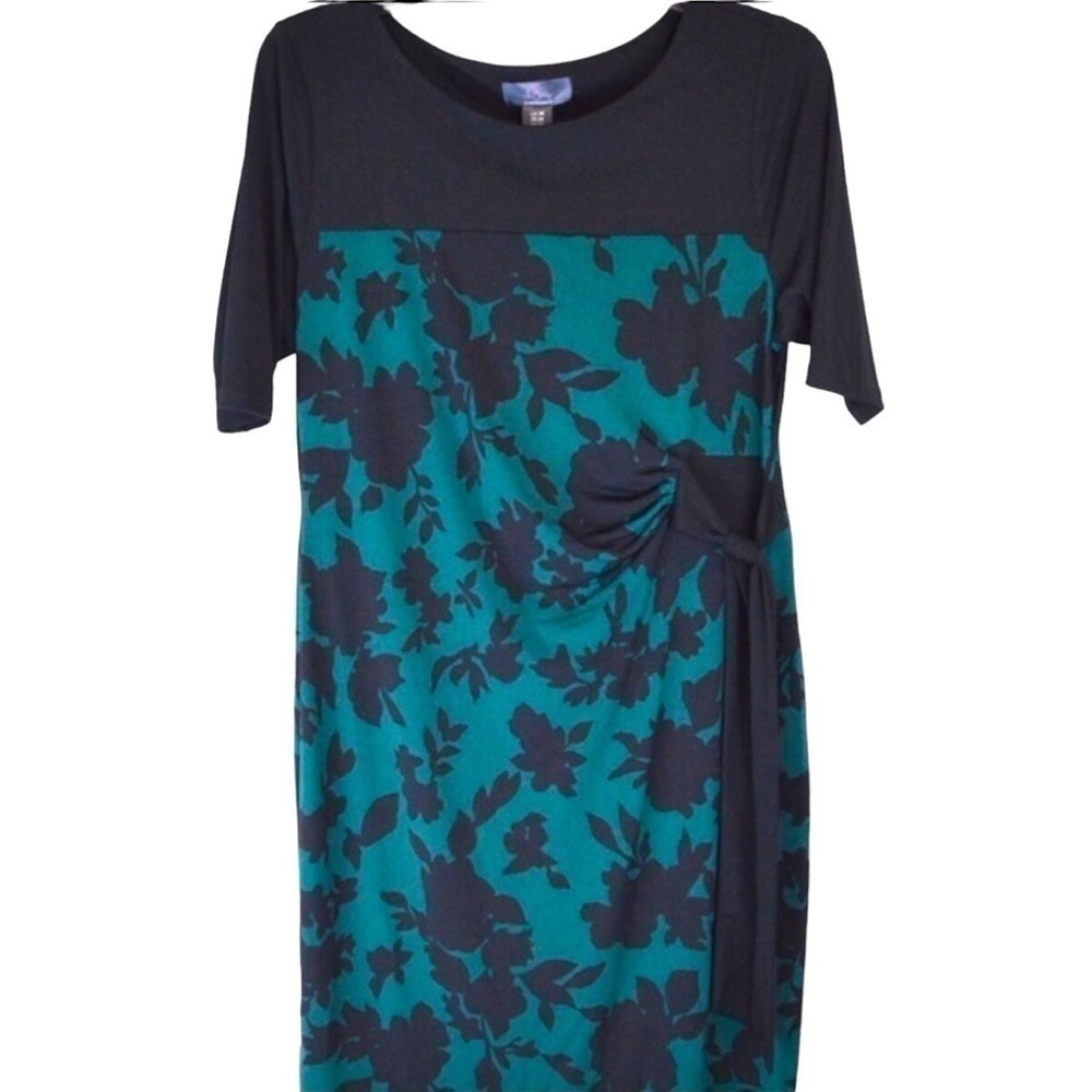 Maternity Midi Dress Teal Floral Black Tie Waist Short Sleeve Medium - Picture 2 of 7